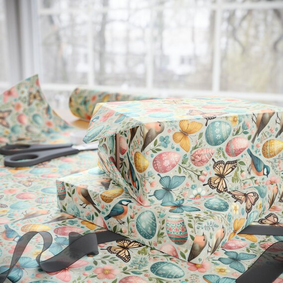 BUTTERFLIES, birds, and EASTER eggs Wrapping Paper, Gift Wrap Easter, Handmade Wrapping Papers, Eco-Friendly Packaging, Butterfly Gift Paper