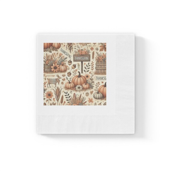 Napkins, Rustic Americana Thanksgiving Pumpkin Patch Pattern with Pumpkins and Flowers, White Coined, Garden Signs 2024, Fall Table Decor