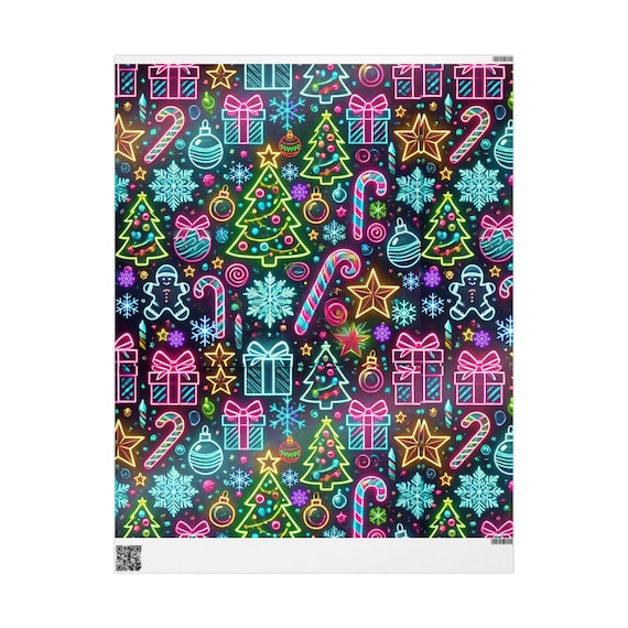 Wrapping Papers, Neon Christmas Tree Theme 80s Retro Xmas Gift Wrap, Trendy for 2024 Holiday Decor, Festive Seasonal Wrapping Paper Roll,