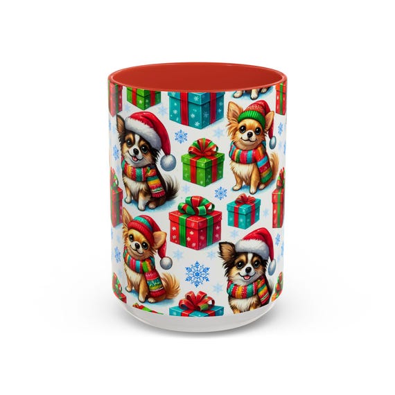 Adorable Chihuahua Christmas Mug featuring Chihuahua dogs wearing Santa Hats, Scarves & Festive Cheer!