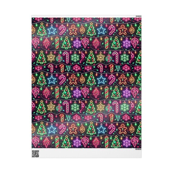 Wrapping Paper, Fun Neon Lights 80s Retro Christmas Holiday Gift Wrap, Trendy 2024 Design, Ornaments, Festive Party Decor, Gift Packaging