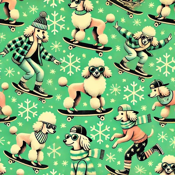 POODLES on skateboards Christmas pattern