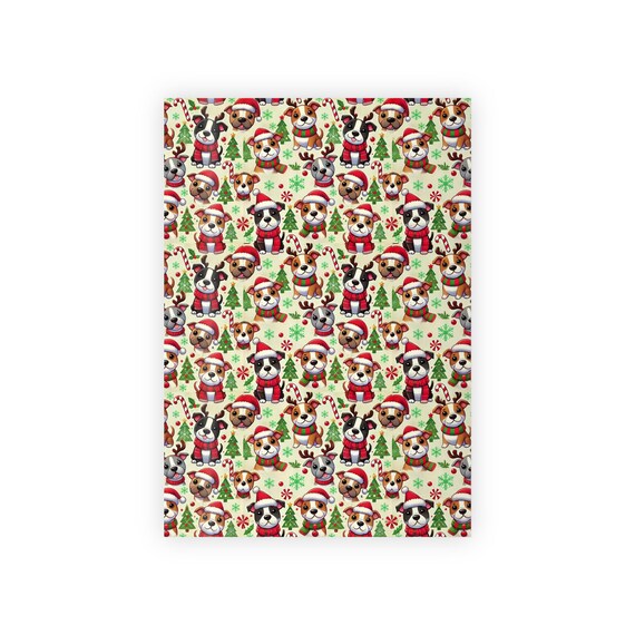Adorable Pit Bulls Christmas Wrapping Paper Roll  (Pitbull dogs wearing Santa Hats & Festive Scarves)