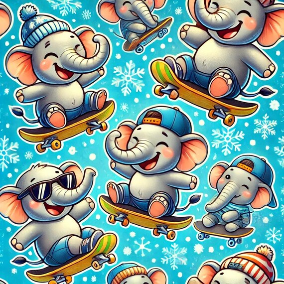 SKATEBOARDING ELEPHANTS super cute  Christmas gift wrap paper pattern