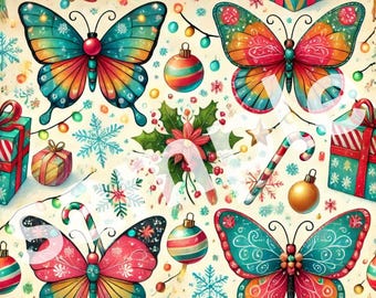 Butterflies Christmas Digital Wrapping, Colorful Holiday Gift Wrap, Festive Present Packaging, Gift Wrap, Xmas Butterfly Pattern (PRINTABLE)
