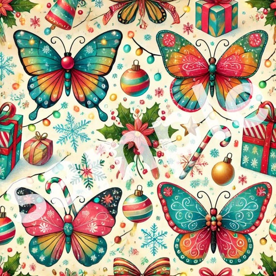Butterflies Christmas Digital Wrapping, Colorful Holiday Gift Wrap, Festive Present Packaging, Gift Wrap, Xmas Butterfly Pattern (PRINTABLE)