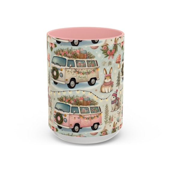 Feminine VW Vans & Bunny Christmas Mug  Vanlife Holiday Coffee Cup 2024 Accent Coffee Mug (11, 15oz)