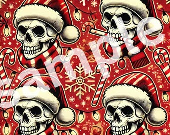 May include: A red and white Christmas themed pattern featuring skulls wearing Santa hats and scarves. The background is red with white snowflakes, candy canes, and Christmas lights.