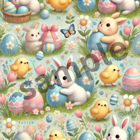 Happy Easter BUNNIES and CHICKS and Eggs easter gift wrapping paper gift pattern (PRINTABLE file)