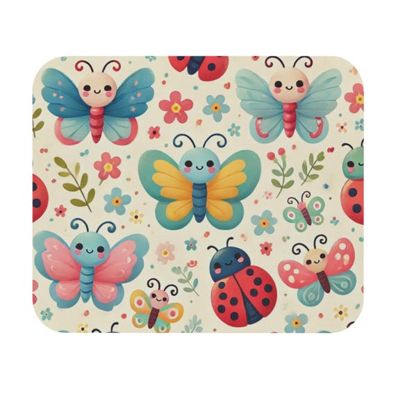 Adorable BUTTERFLIES and LADYBUGS Mouse Pad, Cute Desk Accessory for Kids, Office Decor, Gift for Insect Lovers, Floral Theme
