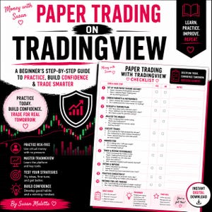 Może przedstawiać: Cyfrowy przewodnik zatytułowany Paper Trading on Tradingview z listą kontrolną krok po kroku. Czarno-biały dokument zawiera różowe akcenty, tekst o budowaniu pewności siebie w handlu oraz dziesięciopunktową listę do ćwiczeń i analizy.