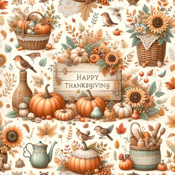 Adorable Thanksgiving pumpkins table setting pattern with birds and flowers, perfect for adding a festive touch to your holiday gatherings.