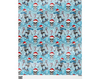 May include: A blue and white repeating pattern of skeletons wearing Santa hats and riding skateboards with candy canes and Christmas lights.