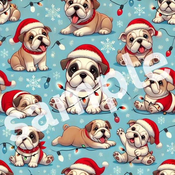 BULLDOGS wearing Santa hats cute Christmas gift wrap paper pattern (PRINTABLE FILE)