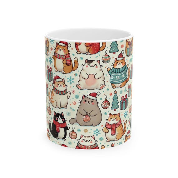 Ceramic Mug, Cute Christmas Cats Santa Hats Festive Holiday Xmas Coffee Cup, Adorable Trendy 2024 New Design, Unique Gift Idea, Festive
