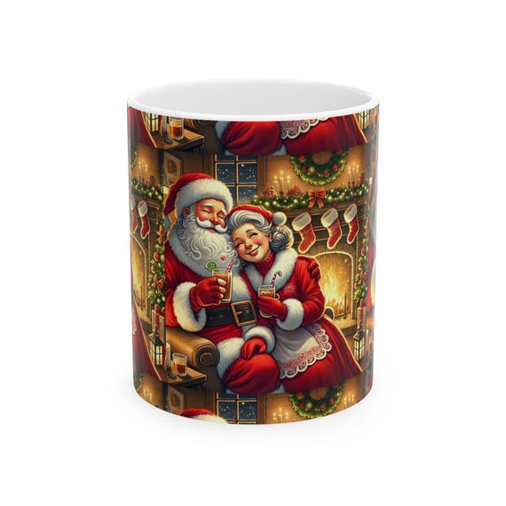 Romantic Santa and Mrs Claus Coffee Mug Cozy Design Durable Ceramic in Two Sizes Perfect for Hot Drinks Lead and BPA Free
