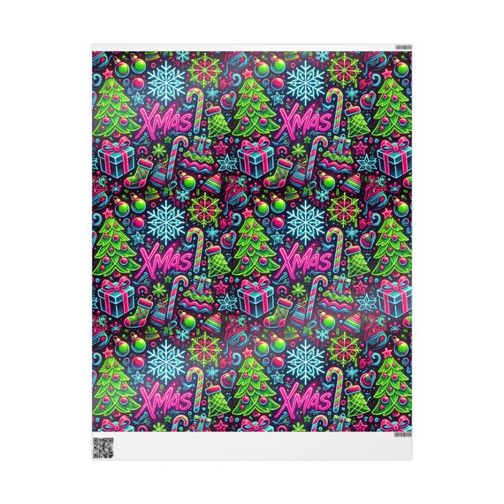 Wrapping Papers, Neon Trees 80s Theme Retro Unique Design, Christmas XMAS Candy Canes, Eye-Catching Pop of Color for 2024, On Trend,