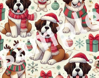 Christmas Wrapping Papers, Holiday Gift Wrap with St Bernard Dogs & Puppies, Adorable Dog Lover Pattern, Festive Gift Packaging (PRINTABLE)