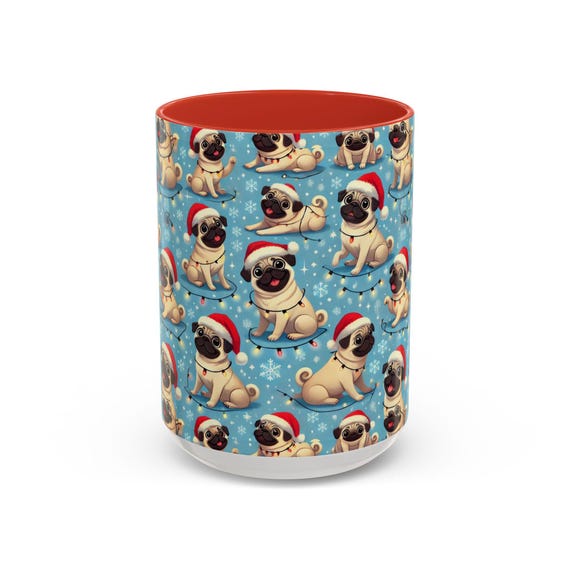 Mug, Cute Pugs Christmas Coffee Cup, Santa Hats, Christmas Lights, Holiday Gift, 11oz, 15oz, Animal Lovers, Dog Moms, Festive Tea Mug