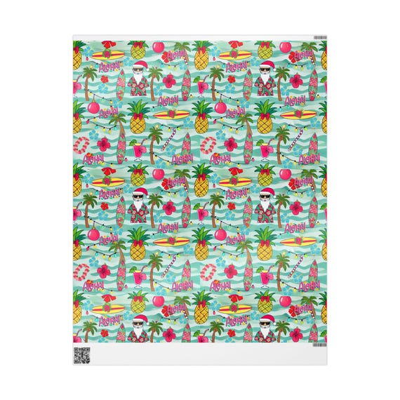 Wrapping Papers, Hawaiian Christmas Santa Surfboards Aloha Flowers Hibiscus Festive, Gift Wrap, Holiday Packaging, Xmas Decor, Tropical