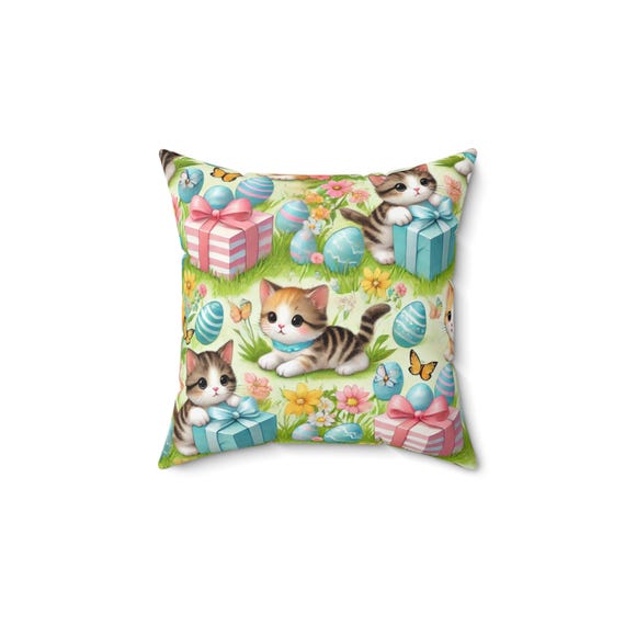 Whimsical Cat Pillow, Cute Kitten Home Decor, Easter Gift, Pet Lover Cushion, Spring Decor