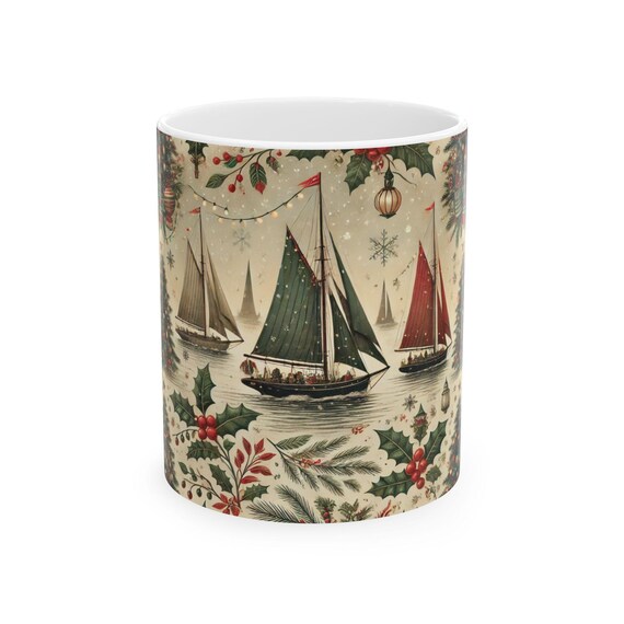 Dreamy Vintage Sailboat Ceramic Mug, Durable BPA-Free Coffee Cup Available in 11oz and 15oz Sizes with Vibrant Nautical Design
