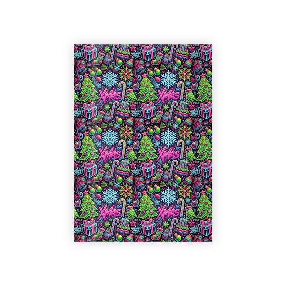 80s Christmas Wrapping Paper Neon Bright Colors Trendy Holiday Gift Wrap for 2024 Eco-Friendly Satin Finish in Two Sizes