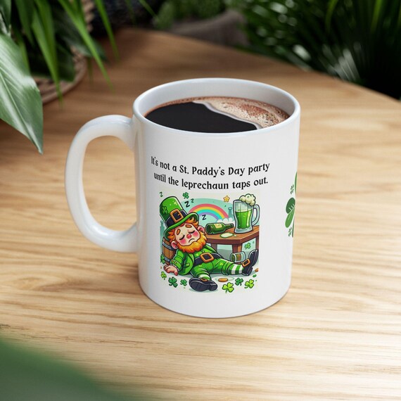 DRUNK LEPRECHAUN passed out, funny St. Patrick's Day Mug, Party Mug, Holiday Gift, Irish Coffee Mug, Cute Leprechaun Design, 11oz or 15oz