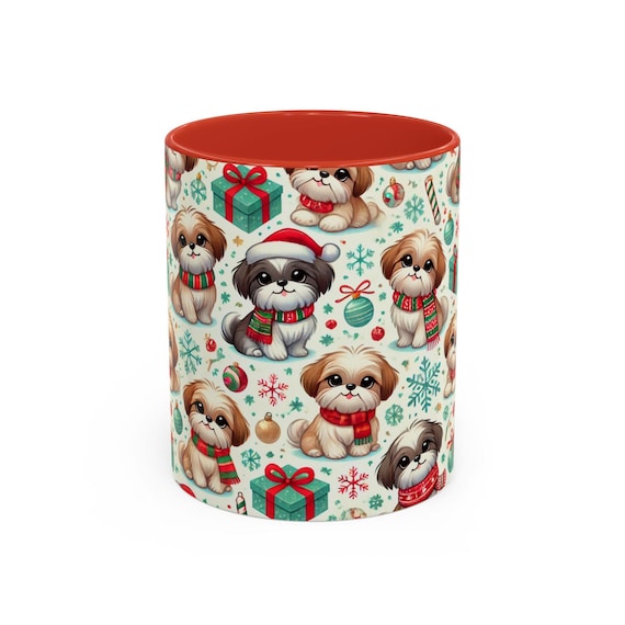 Adorable Shih Tzu Dogs and Puppies Christmas Mug Santa Hats and Festive Scarves