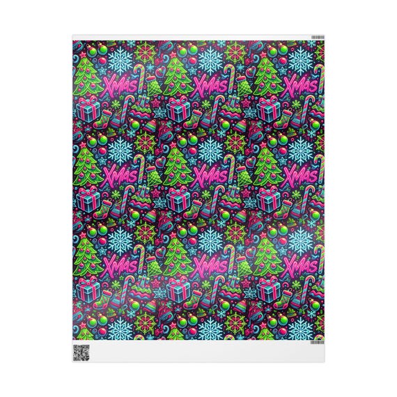 Wrapping Papers, Neon 90s Retro Christmas Holiday Gift Wrap, Colorful Unique Original Design, Festive Present Packaging, Bright Xmas