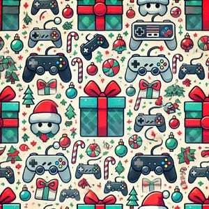 Puede incluir: Un patrón sin costuras que presenta una variedad de iconos navideños y de juegos. El patrón incluye cajas de regalo rojas y verdes, bastones de caramelo, adornos, acebo y mandos de videojuegos. El fondo es de color beige claro.