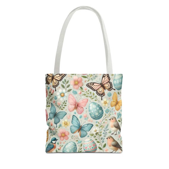 Cute EASTER Spring Tote Bag Flower and Butterfly Design, Eco-Friendly Shopping Bag, Easter Decor, Gift for Nature Lovers, Boho Style