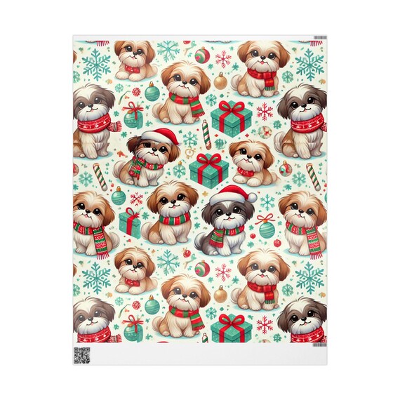 Christmas Shih Tzu Wrapping Paper, Holiday Gift Wrap, Cute Puppy Scarf Pattern, Present Packaging, Festive Dog Print, Xmas Animal Paper,