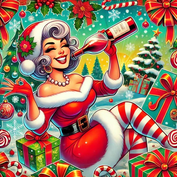 Sexy Mrs. Claus drinking wine Christmas pattern