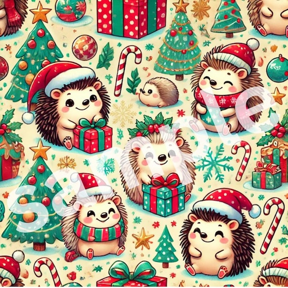 Cute HEDGEHOGS bringing presents Christmas wrapping paper pattern (PRINTABLE FILE to download)