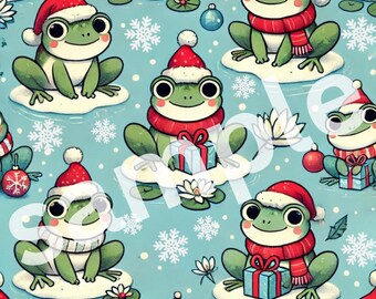 Happy FROGS wearing Santa hats! Super cute and trendy Christmas gift wrapping paper (PRINTABLE ONLY)