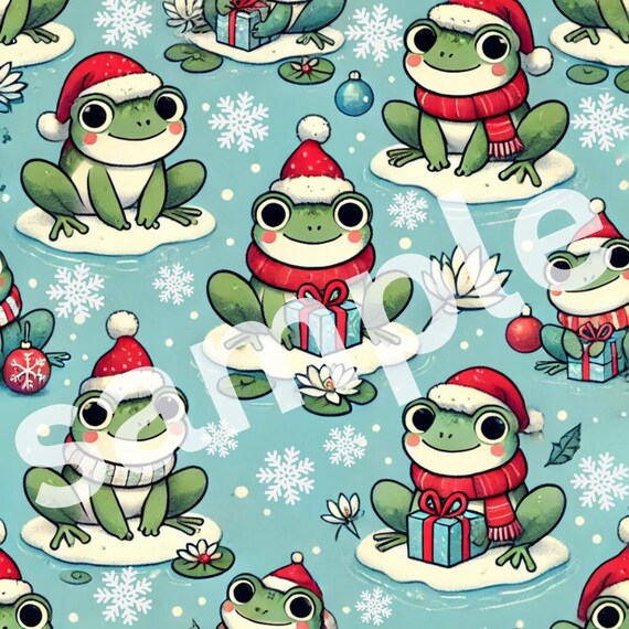Happy FROGS wearing Santa hats! Super cute and trendy Christmas gift wrapping paper (PRINTABLE ONLY)