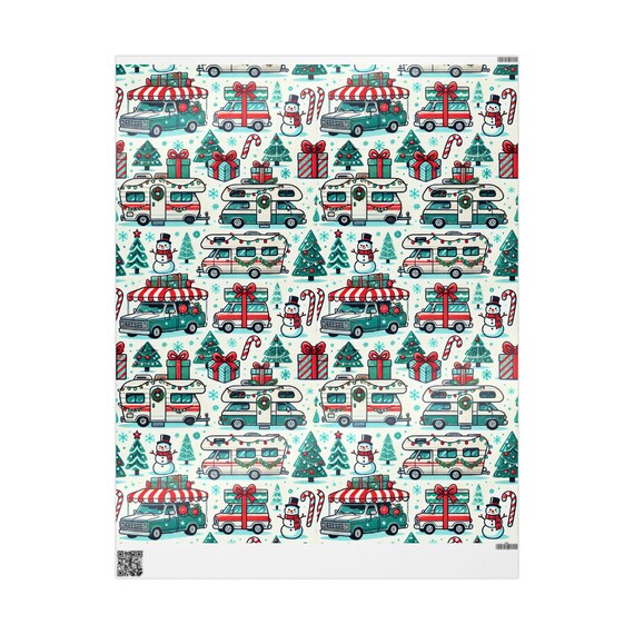 Wrapping Papers, Cute Campers RVs Christmas Pattern Travel Theme, Holiday Gift Wrap, Cartoon Camping Vehicles, Recreational Vehicle Decor,
