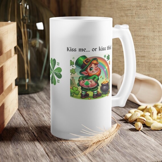 KISS ME or Kiss This Frosted Glass Beer Mug, St. Patrick's Day Gift, Irish Pub Decor, Fun Drinking Glass, Holiday Celebration