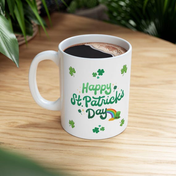 St. Patrick's Day Ceramic Mug, Festive Coffee Cup, Lucky Charm Drinkware, Holiday Gift, Green Shamrock Mug, 11oz 15oz