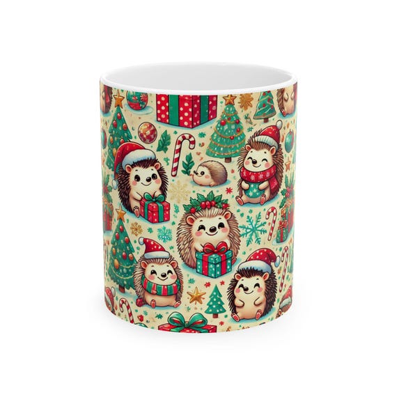 Christmas Hedgehog Ceramic Mug, Cute Festive Holiday Gift Cup, Unique Trendy 2024 Tea Coffee Mug, 11oz 15oz Sizes, Original Design,