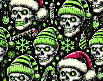 May include: A seamless pattern featuring green and black skull illustrations wearing Santa hats and winter beanies. The background is black with green snowflakes and candy canes.
