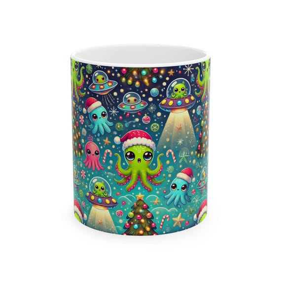 Ocean Alien Christmas Ceramic Mug, Funny Cute UFOs Holiday Tea Cup, Ocean Themed Gift, 11oz, 15oz, 2024