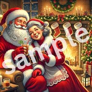 Le père Noël romantique et la mère de Noël font la fête tôt le matin avec un câlin (image de Noël pour du papier cadeau ou des cartes)