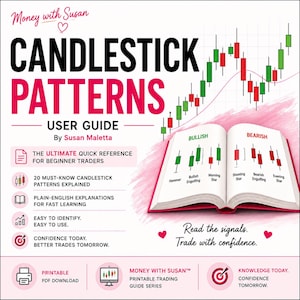 Può includere: Una guida utente digitale intitolata Candlestick Patterns di Susan Maletta, che presenta un grafico azionario e un libro aperto che illustra modelli rialzisti e ribassisti. Il documento include spiegazioni per trader principianti, segnali di trading e informazioni sui download PDF stampabili.