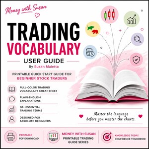 Może przedstawiać: Drukarka instrukcja obsługi zatytułowana Trading Vocabulary autorstwa Susan Maletta dla początkujących inwestorów giełdowych. Dokument zawiera grafikę otwartej książki, ikony koncepcji handlowych oraz tekst o arkuszu z 30 terminami.