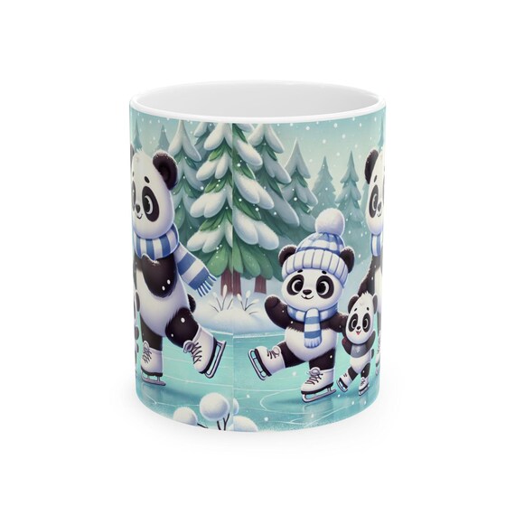 Ceramic Mug, Panda Family Ice Skating Trendy 2024 Coffee Cup - Cute Animal Lover Gift, Novelty Tea Mug, Unique Kitchen Decor, Christmas Gift