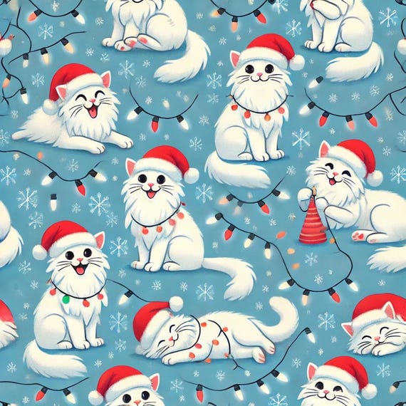 CATS fluffy white cats Christmas gift wrap paper pattern