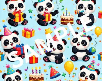 Schattige PANDA'S met verjaardagstaarten! Schattige pandaberen, leuk, verjaardagscadeaupapier (ALLEEN AFDRUKBAAR)