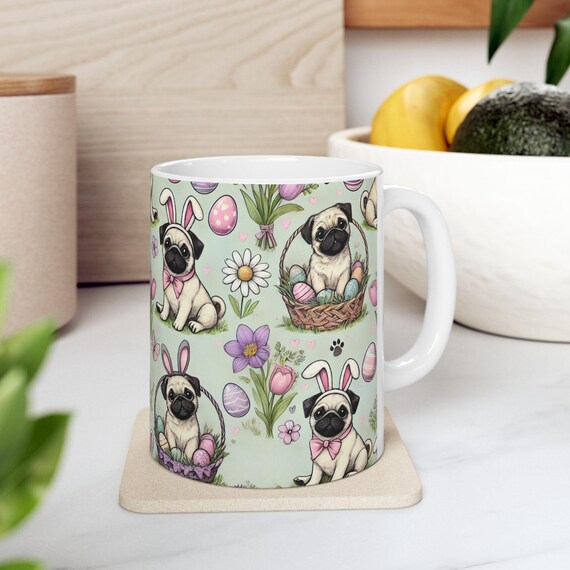 Cute Pug Easter Ceramic Mug, Perfect for Spring Gifts, Dog Lovers, Easter Décor, Tea Coffee Cup, Pet Lover Mug